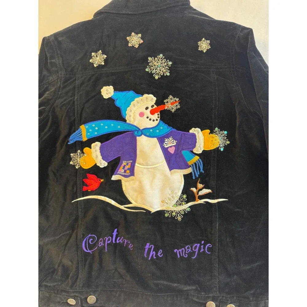 Vintage Deadstock The‎ Quacker Factory Jacket Women Small Black Velvet Snowman